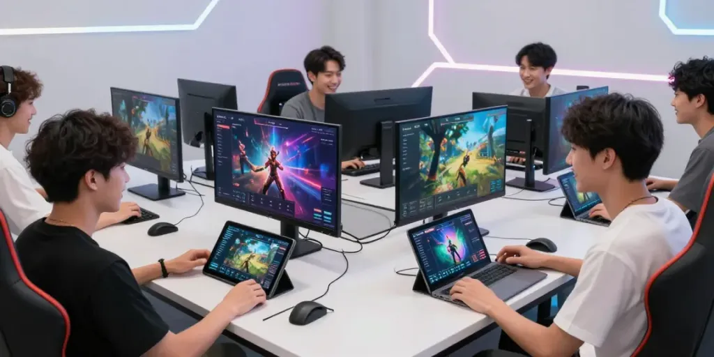 Exciting gaming environment with players using bro138 link on multiple devices in a modern lounge.