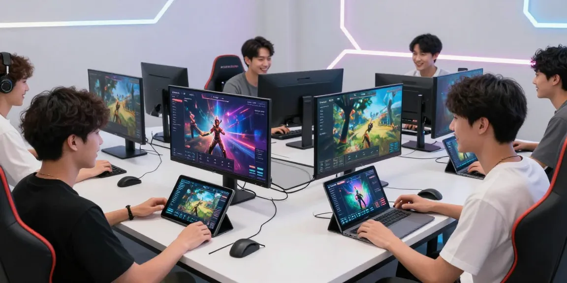 Exciting gaming environment with players using bro138 link on multiple devices in a modern lounge.