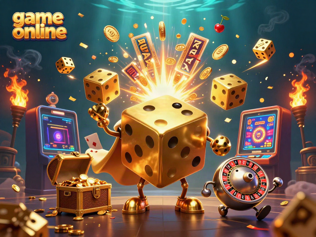 Experience game online with a dynamic 3D illustration featuring a golden dice golem and casino-themed elements.