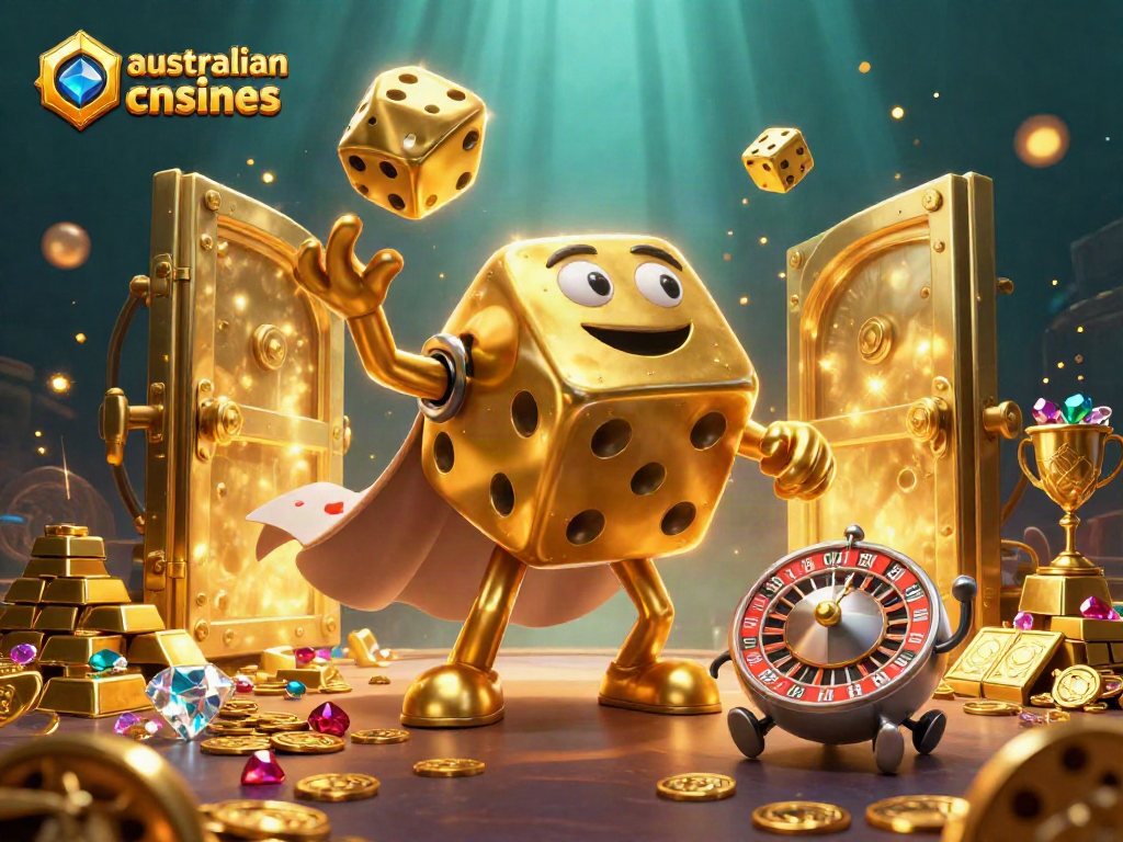 Engaging 3D scene showcasing australian online casinos with a lively golden dice golem and treasures surrounding it.