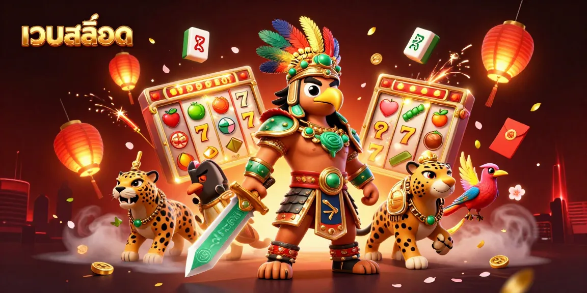 Engage with เว็บสล็อต featuring vibrant slot reels and an Aztec warrior expertly interacting with dynamic gaming elements.