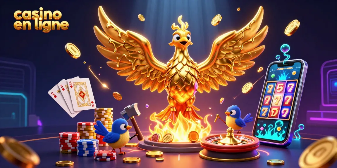 Visualisez un phoenix en or majestueux dans un casino en ligne, entouré de pièces et de jetons scintillants.