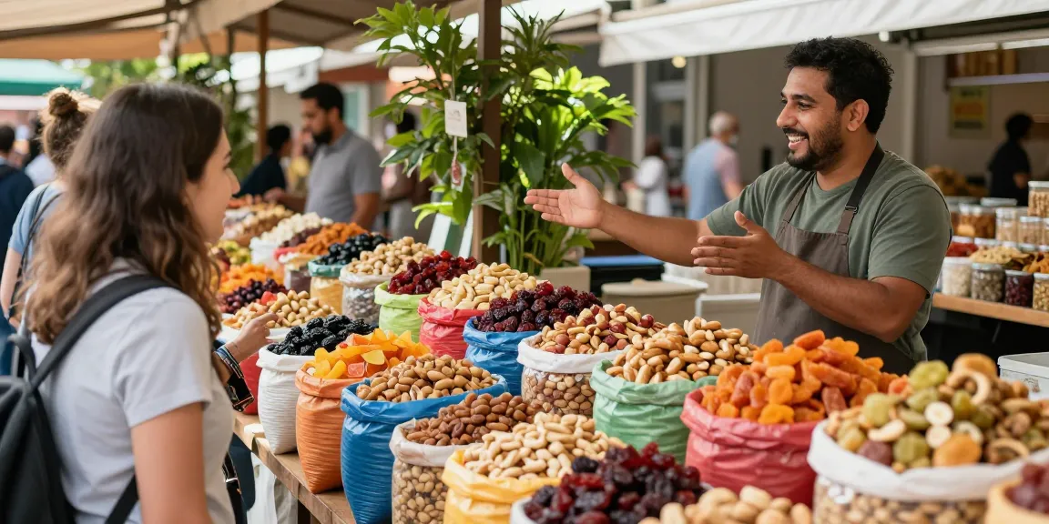 M98 ฝาก-ถอน fresh mixed nuts and dried fruits on display at a vibrant market