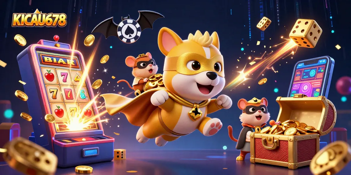 KICAU678 showcases a superhero dog flying with coins, enhancing online gambling excitement with vibrant visuals.