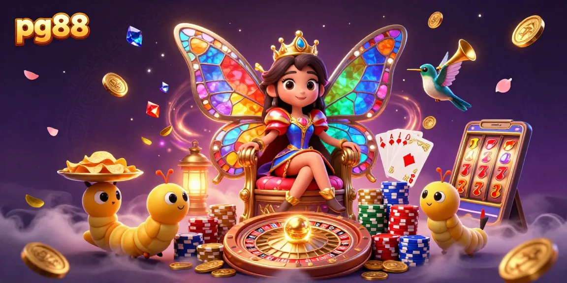 Experience thrilling gameplay at PG88 with a cartoon butterfly queen surrounded by shimmering casino elements.