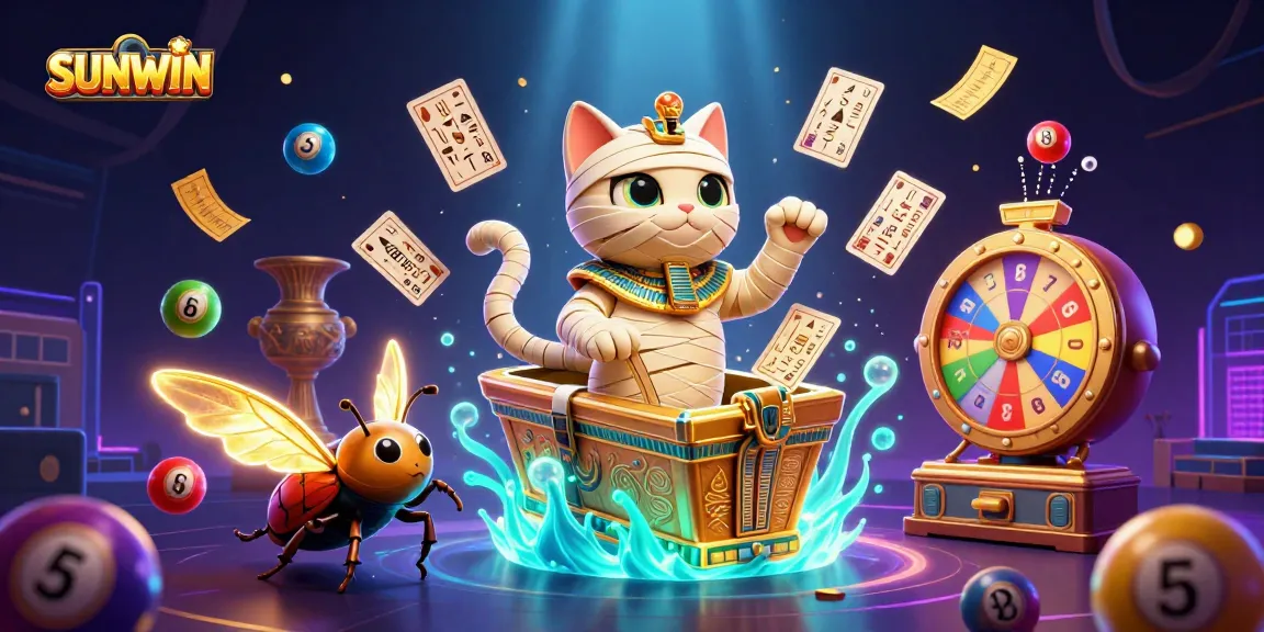 SUNWIN brand illustration showcasing a vibrant Egyptian-themed casino with dynamic lottery elements.