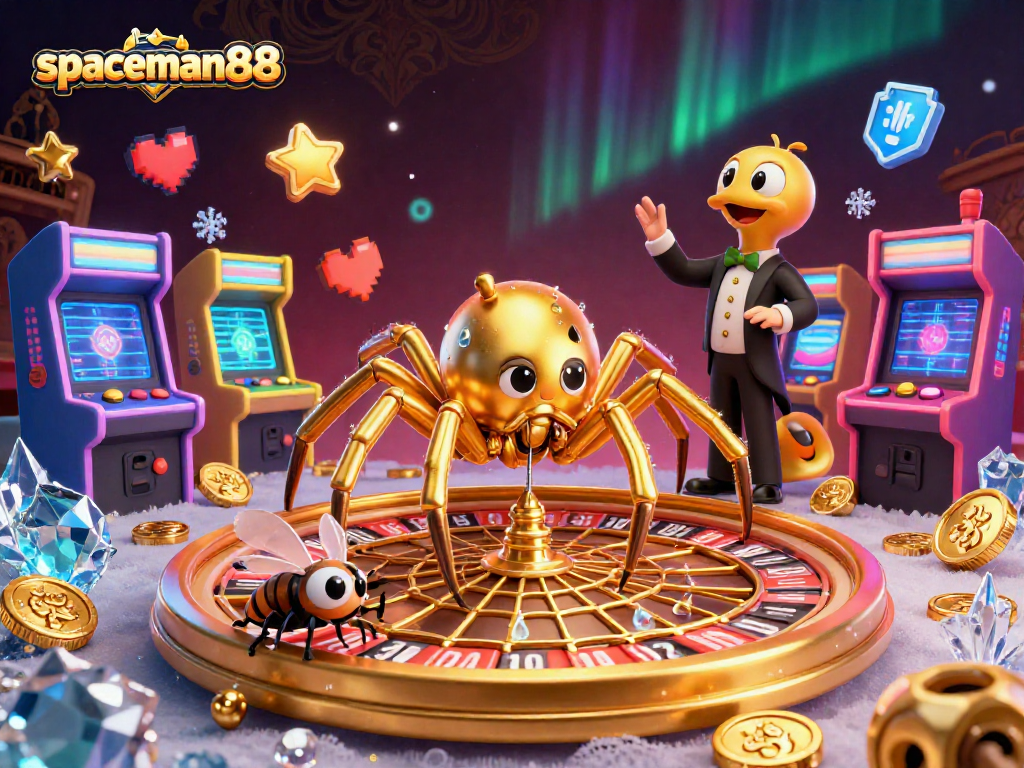 Experience the thrill of spaceman88 with a golden spider spinning a roulette web, creating an exciting casino atmosphere.