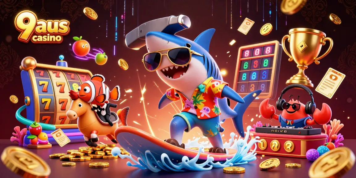 Experience thrilling gameplay at 9aus casino with our exciting cartoon illustration featuring dynamic slot elements.