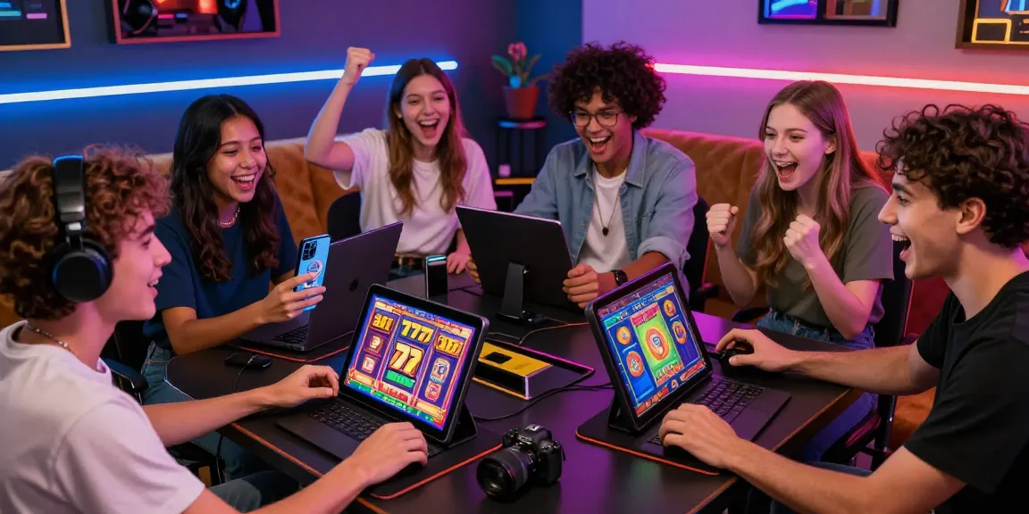 Exciting gaming scene with players enjoying 777 slots on various devices in a vibrant setting.