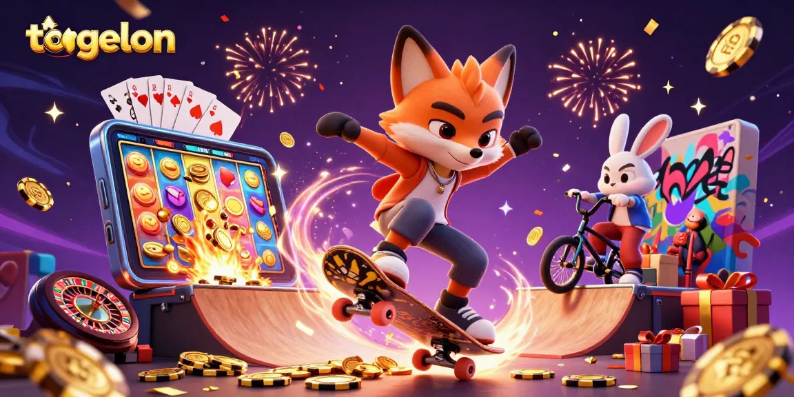Togelon showcases an engaging scene with a skateboarder fox and BMX-riding rabbit amidst vibrant casino elements.