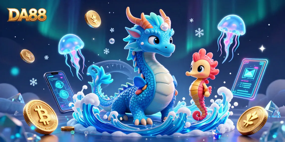 DA88 showcases a vibrant casino world, featuring a dragon and crypto elements amidst a colorful backdrop.