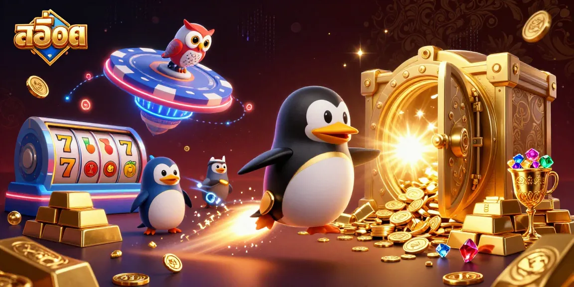 Play slots with stunning visuals of สล็อต featuring golden treasures and a 3D cartoon penguin.