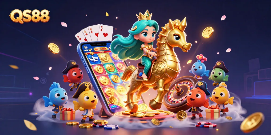 Experience thrilling gambling fun at QS88 with vibrant casino game elements and mermaid characters.