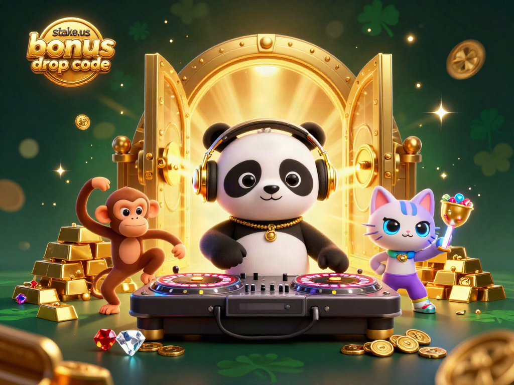 Engage with the stake.us bonus drop code through vibrant casino-themed illustration featuring exciting characters and golden treasures.