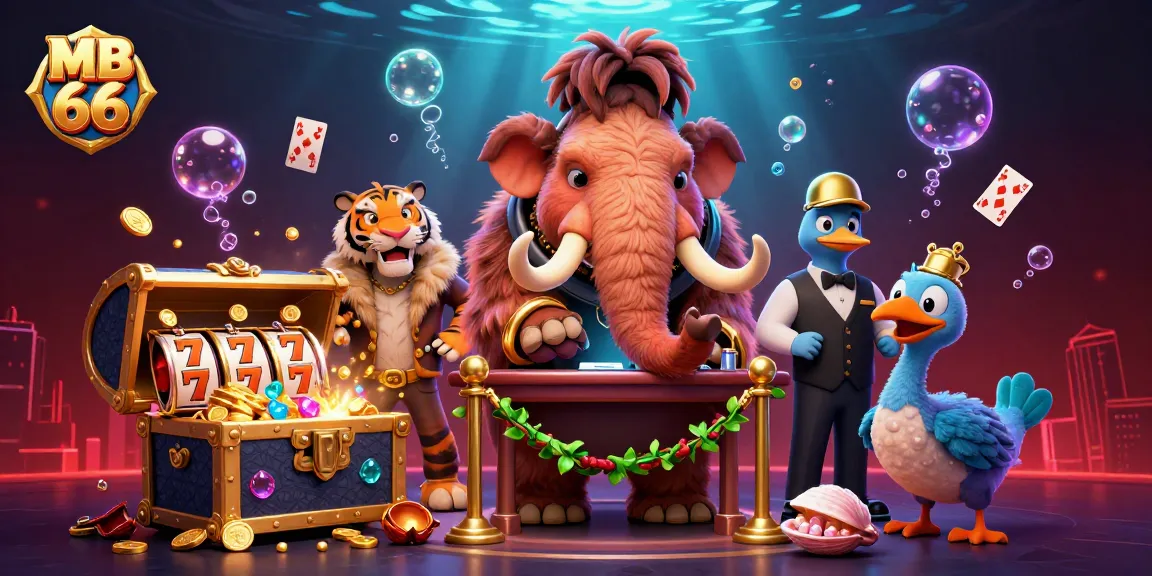 Experience the excitement at MB 66 with vibrant casino scenes featuring a woolly mammoth, saber-toothed tiger, and underwater treasures.