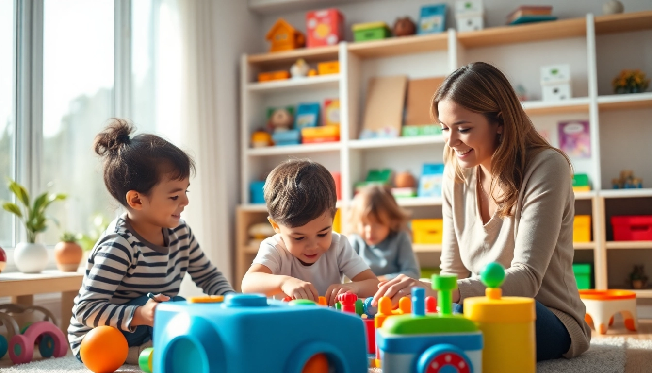 Children engaged in ABA services near me with a therapist in a colorful therapy room.