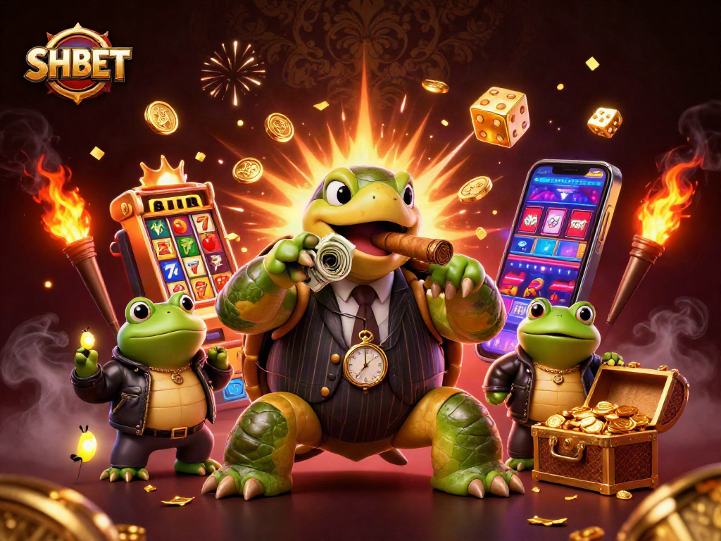 Engage with SHBET and enjoy a thrilling casino atmosphere featuring cartoon characters and vibrant game elements.