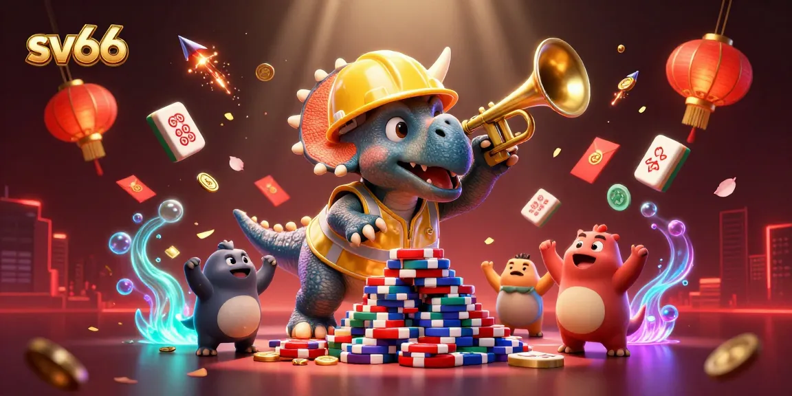 sv66 casino scene with playful dinosaurs celebrating wins and casino elements scattered around