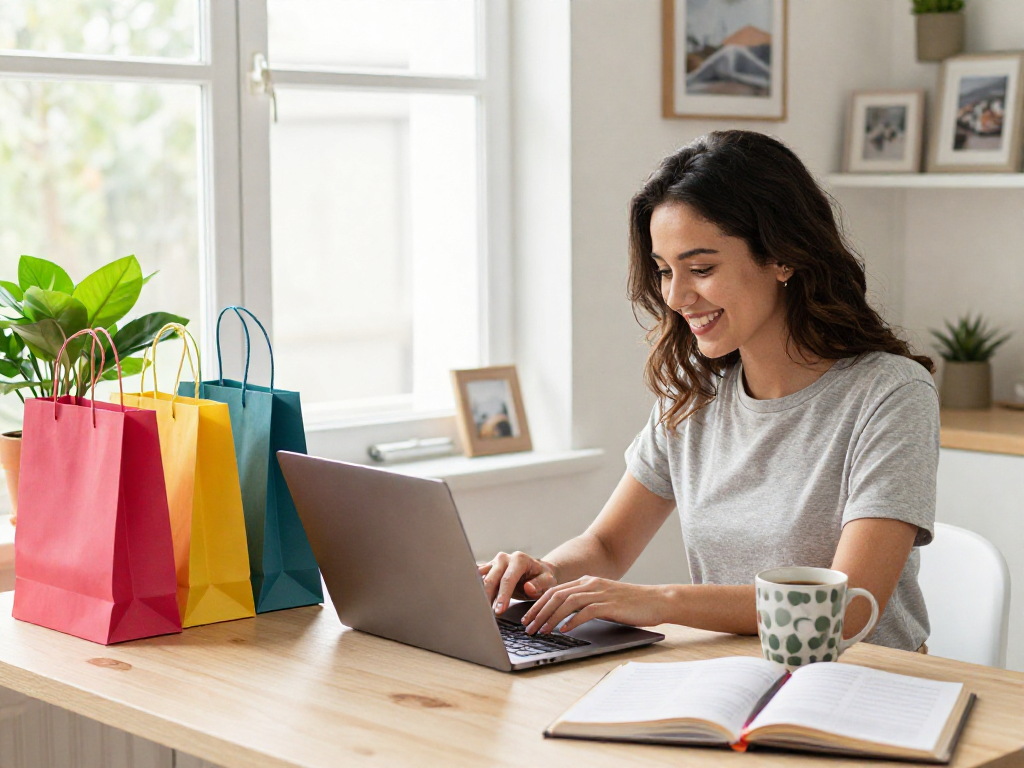 Browse products at https://www.ebbfilter.com/shop from a stylish home workspace with shopping bags, plants, and cozy decor.