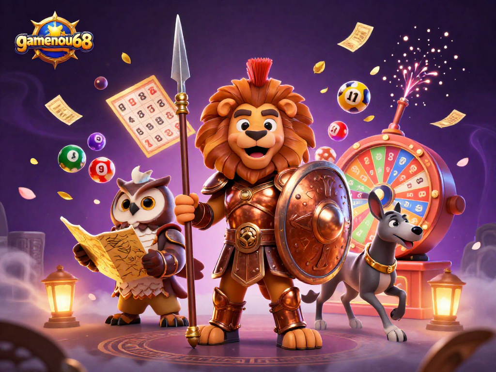 Engage in exciting games at gamenohu68 with lottery elements illustrated in a vibrant digital art scene.