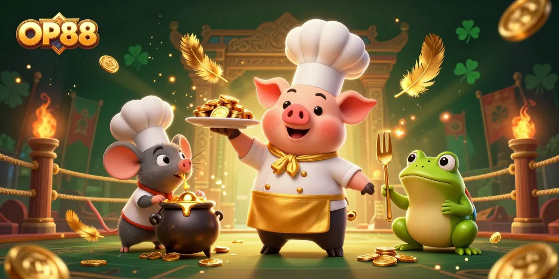 Experience OP88's thrilling gameplay with a lavish 3D casino scene filled with gold coins and vibrant elements.