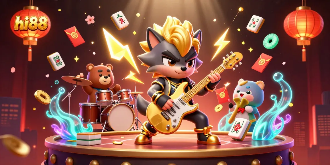 Experience the excitement of hi88 with a vibrant casino scene featuring an energetic rock star wolf and drummer bear.