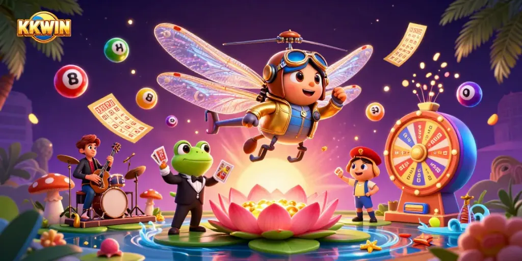 Experience the vibrant energy of KKWIN with a dynamic casino scene featuring a dragonfly pilot and exciting game elements.