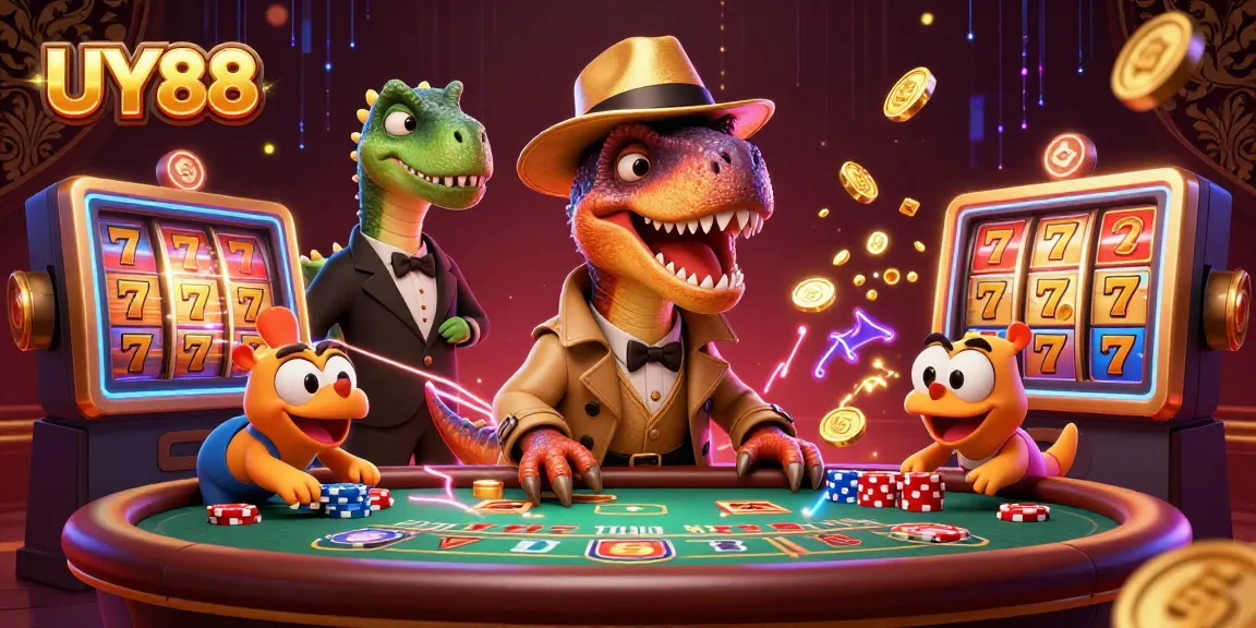 Experience thrilling gameplay with UY88's dynamic 3D casino scene featuring unique characters and exciting slot elements.