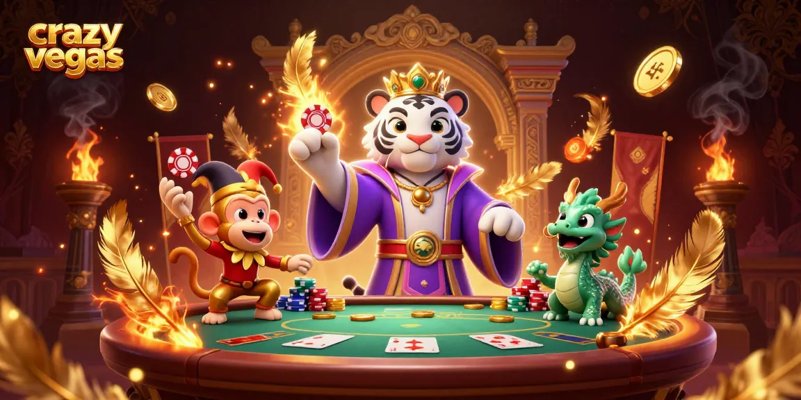 Experience the vibrant world of crazyvegas as a 3D cartoon white tiger, golden monkey, and jade dragon engage in thrilling poker.