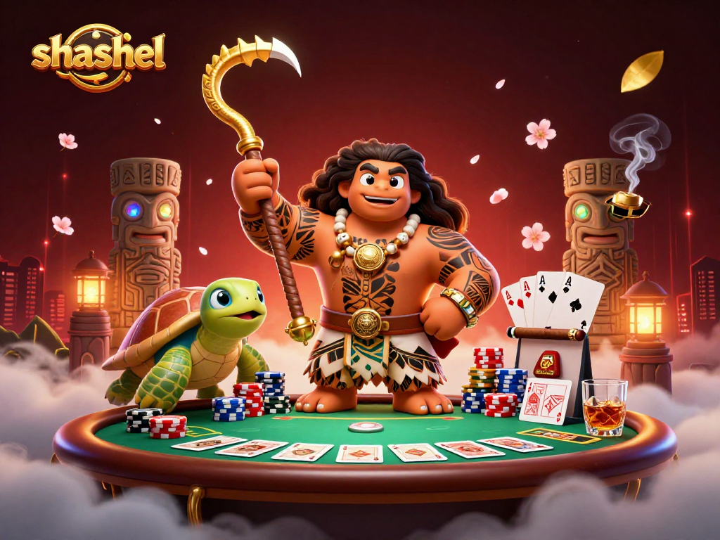 Shashel showcases a vibrant gaming scene with a Maui-style demigod and poker elements for epic gameplay.
