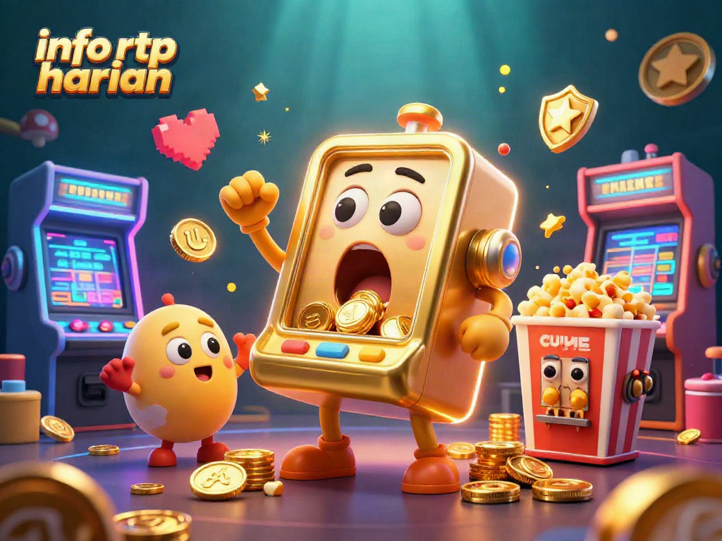 Engage with info rtp harian as a golden slot machine wins big, surrounded by cheering mini slots and gaming elements.