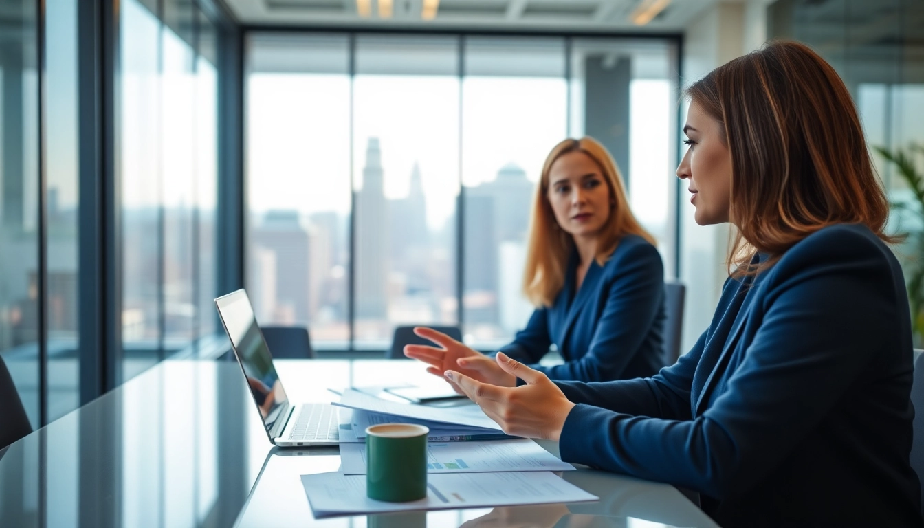 Business discussion about same day merchant cash advance with documents in a modern office setting.