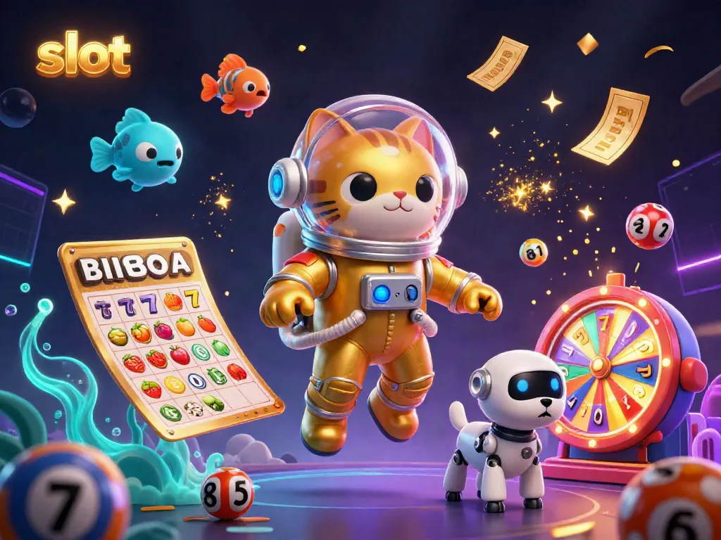 Experience thrilling slot gaming with a 3D floating astronaut cat, colorful lottery elements, and engaging visuals.
