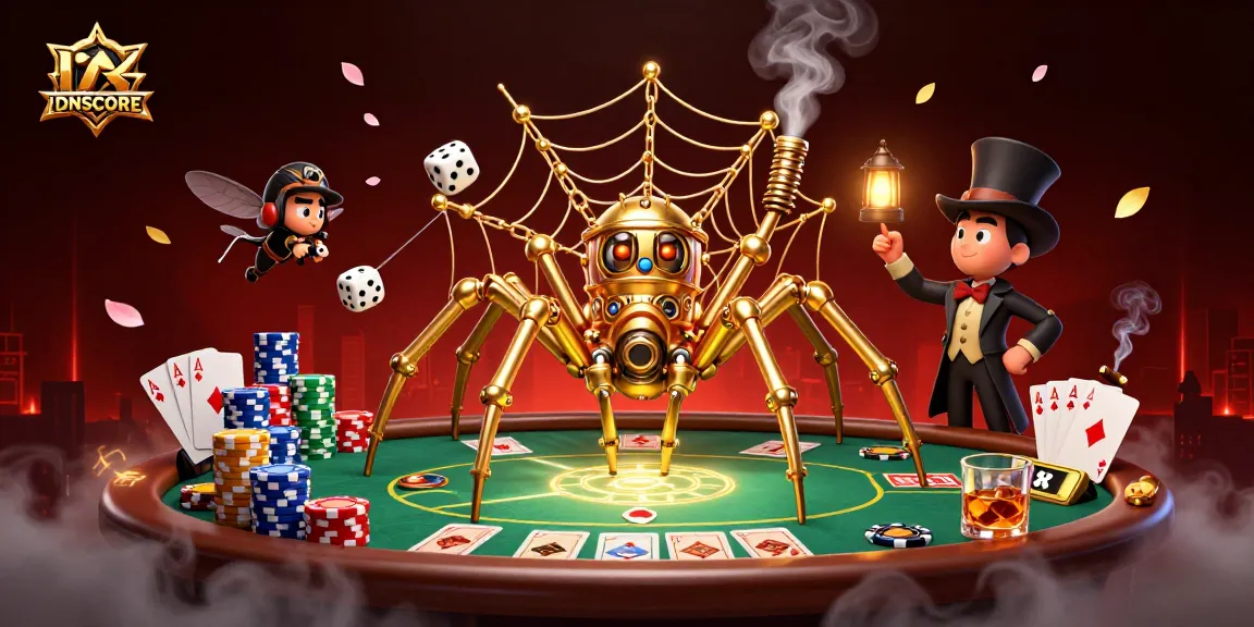 Engage with IDNSCORE's thrilling gaming experience featuring a steampunk spider capturing dice in a vibrant casino setting.
