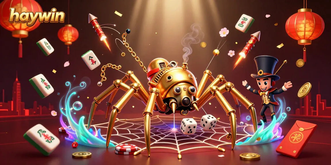Experience the fun of haywin as the steampunk spider entangles dice in a vibrant casino scene.