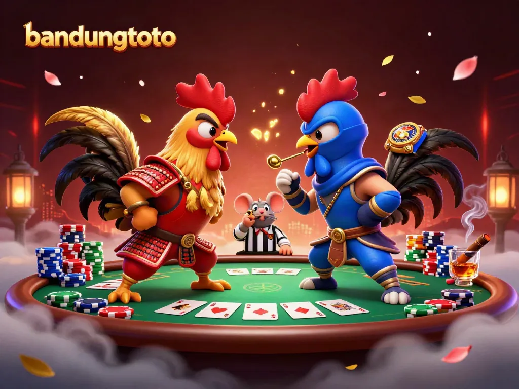 Bandungtoto features roosters in a dramatic gaming standoff, enhancing online gambling excitement.
