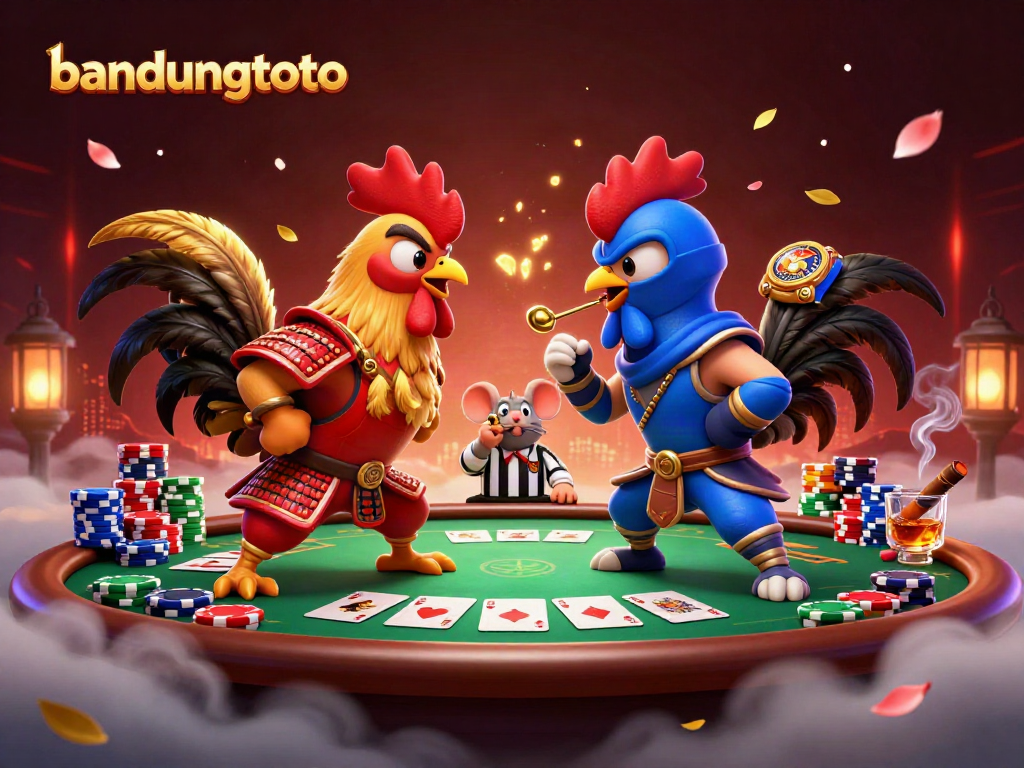 Bandungtoto features roosters in a dramatic gaming standoff, enhancing online gambling excitement.