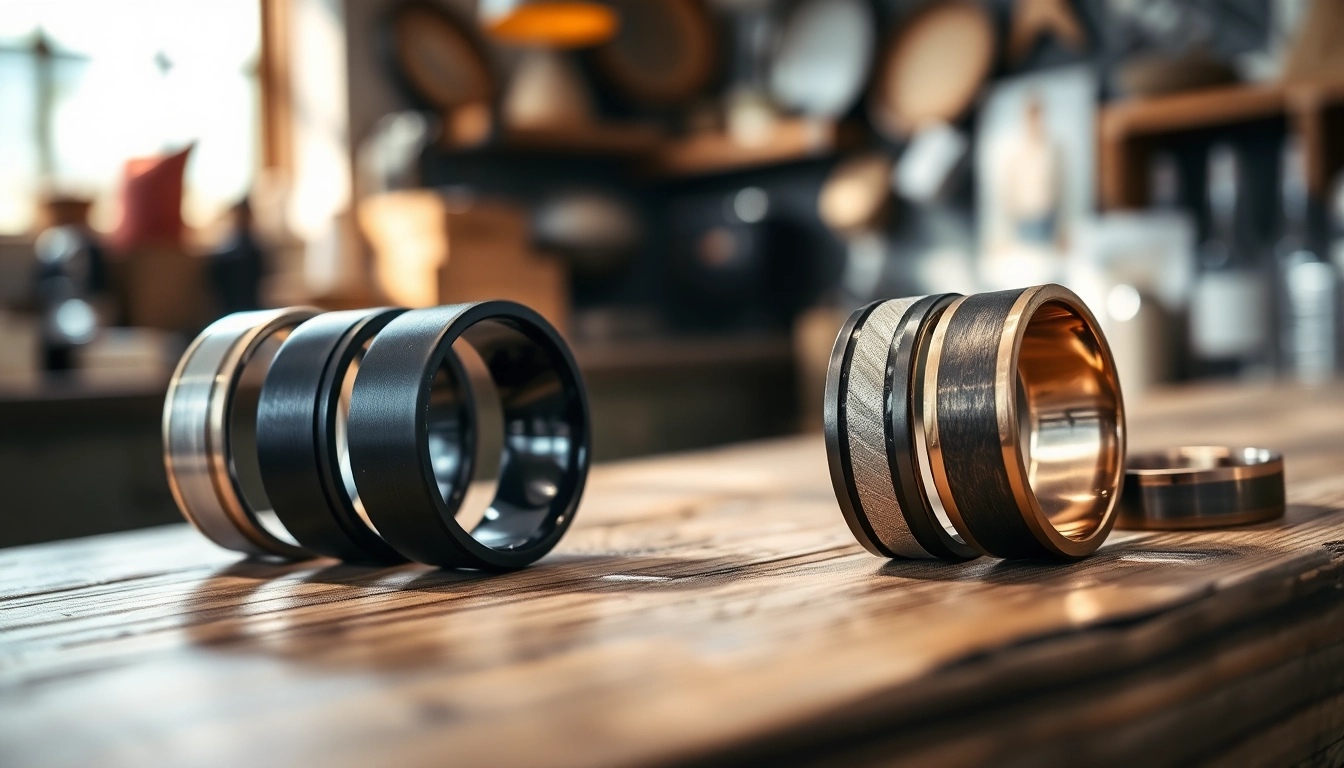 Stylish tungsten metal rings showcasing various finishes on a wooden surface.