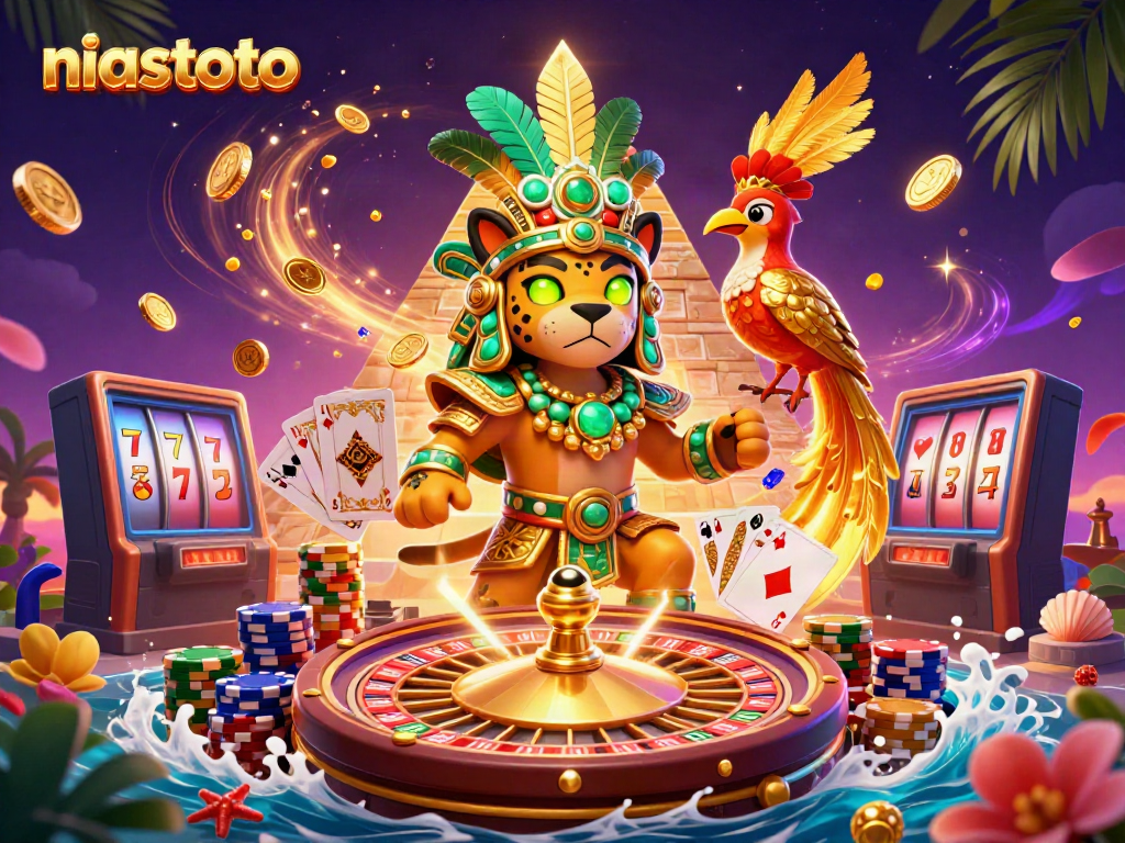 Engage with niastoto in a vibrant casino scene featuring a Mayan priest and quetzal bird amidst coins and cards.