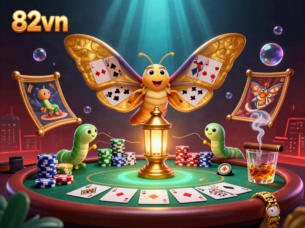 Experience thrilling poker action with the 82vn brand, featuring a vibrant illustration with golden-winged moths and poker elements.