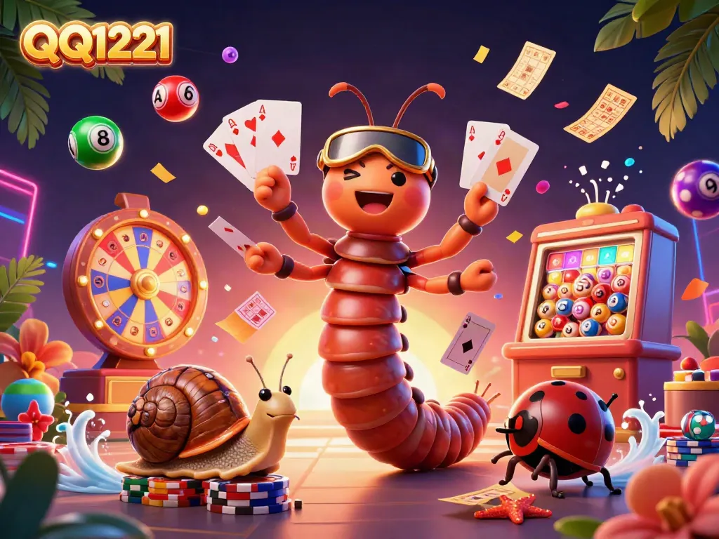 Engage with QQ1221's thrilling world featuring a vibrant casino scene and playful characters.