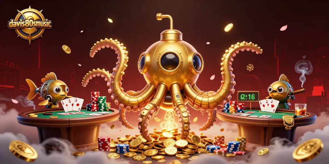 davis80smusic showcases a vibrant casino scene featuring a golden kraken and poker elements.