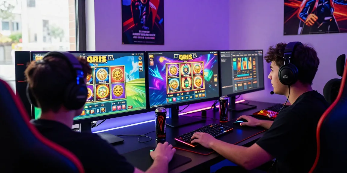 Gamer engaging in slot deposit qris games on multiple screens in a vibrant, modern setup