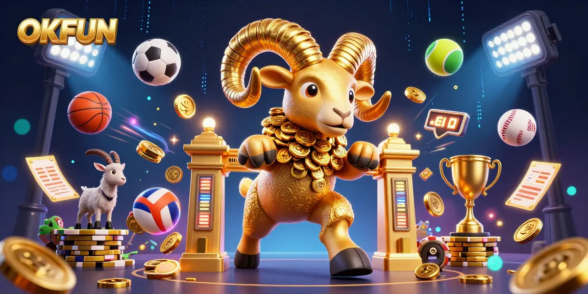 Engage in thrilling sports betting at OKFUN with an action-packed golden ram illustration.