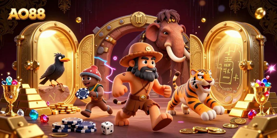 Experience AO88's vibrant 3D casino scene with caveman duo and treasure elements.