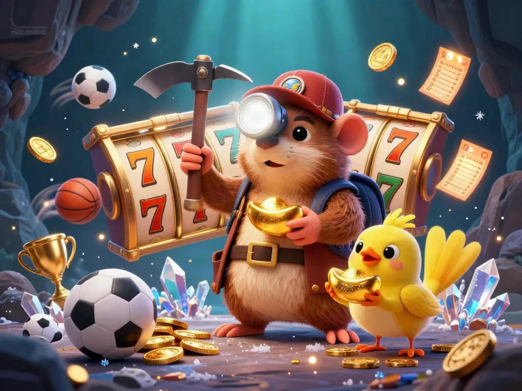 Engaging slot online scene with a treasure hunter mole, vibrant slot reels, and dynamic casino elements.