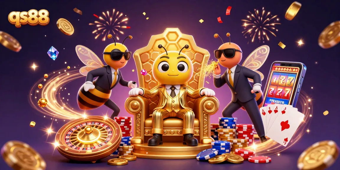 Experience the excitement of qs88 with the bumblebee mob boss amidst flying coins and gaming elements.
