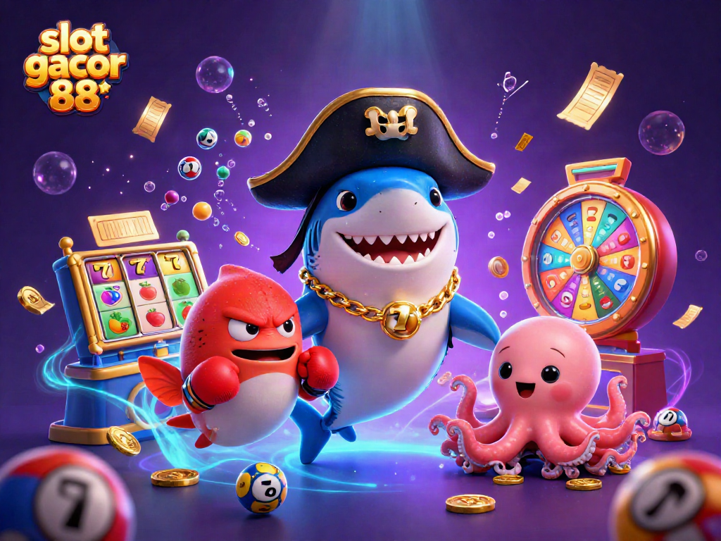 Engage with slot gacor 88 in this dynamic casino illustration with fun characters and vibrant game elements.
