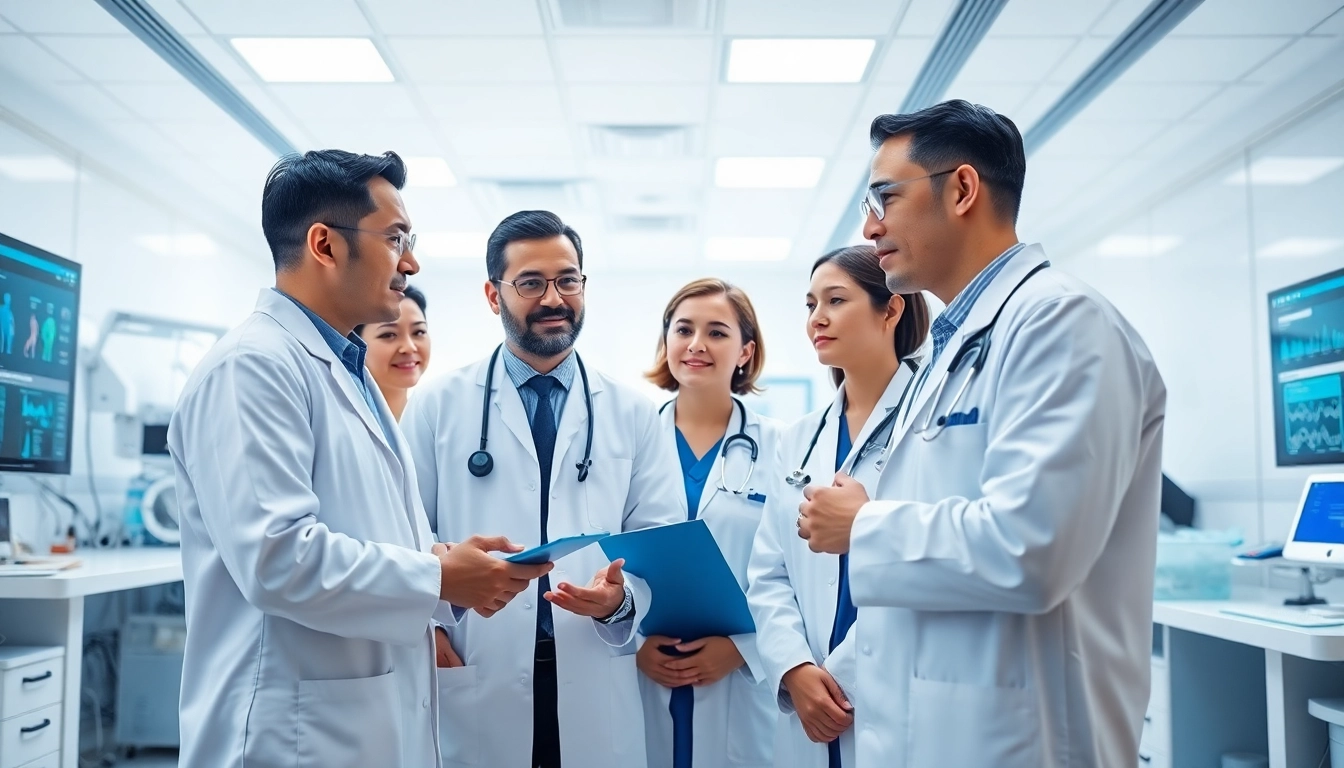 Doctors utilizing AI clinical decision support software for doctors in a modern hospital.