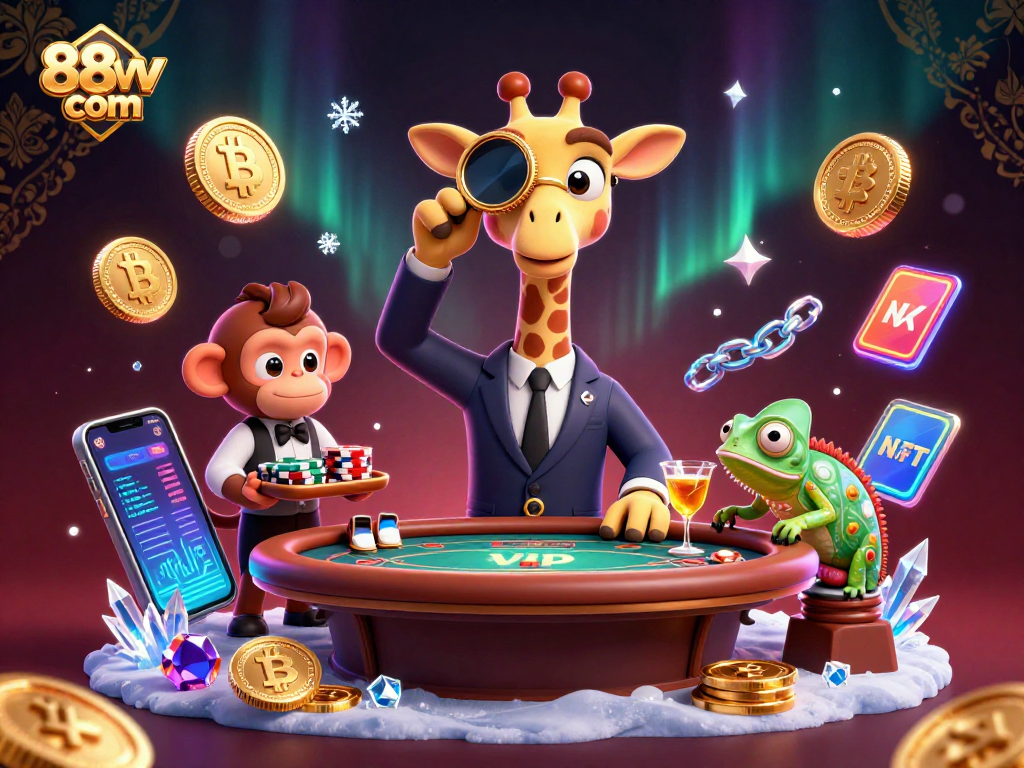 Experience the excitement of 88vv com with a high-roller giraffe, poker table, and crypto elements.